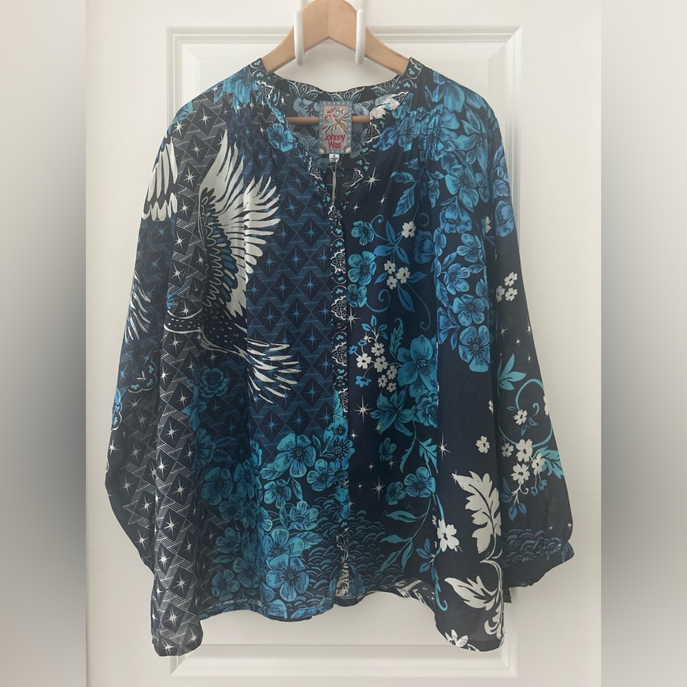 Johnny Was Blue Phoenix Tate Printed Silk Blouse